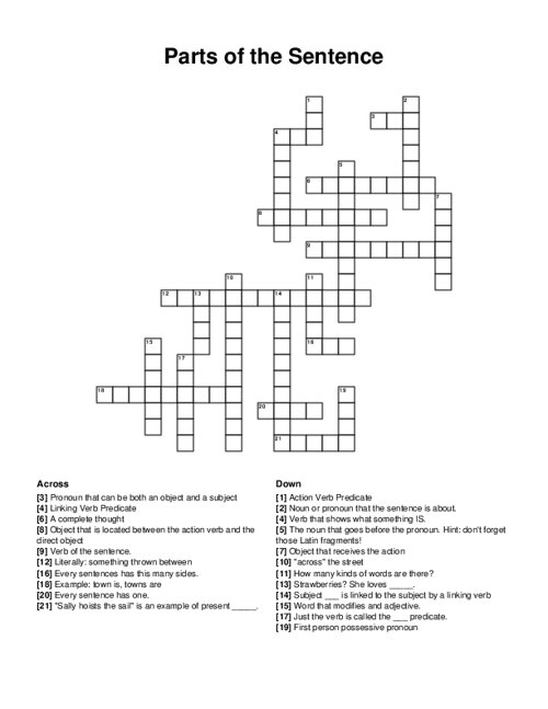 Parts of the Sentence Crossword Puzzle