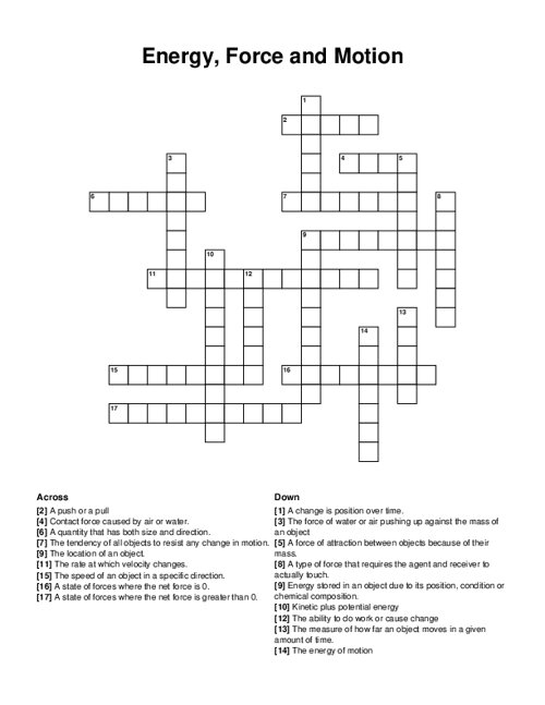 Energy, Force and Motion Crossword Puzzle