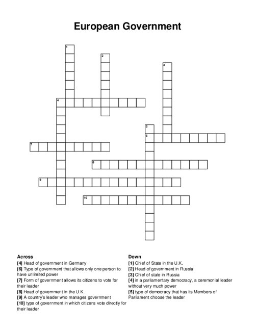European Government Crossword Puzzle
