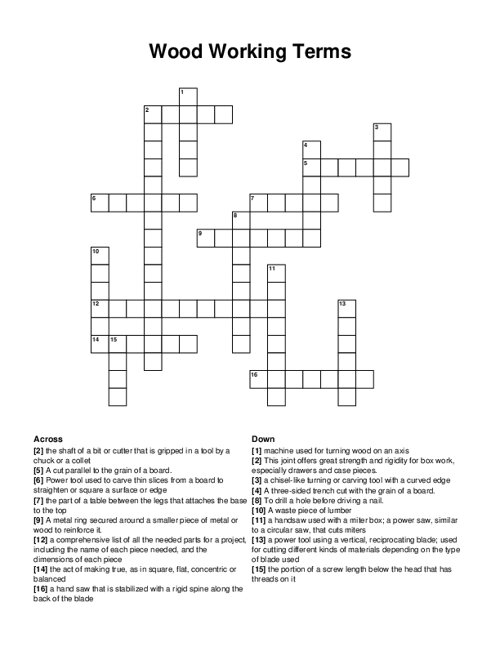 Wood Working Terms Crossword Puzzle