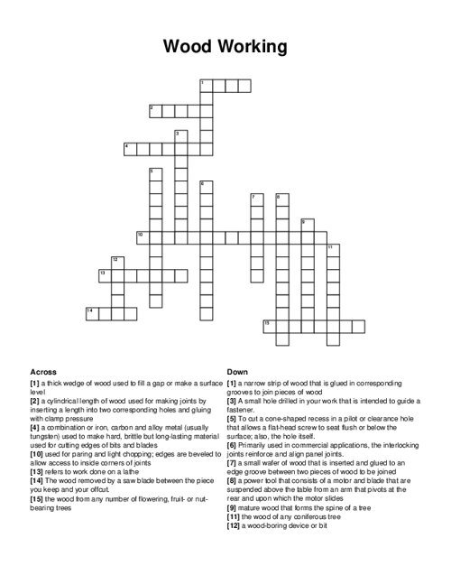 Wood Working Crossword Puzzle