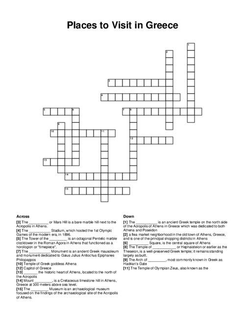 Places to Visit in Greece Crossword Puzzle