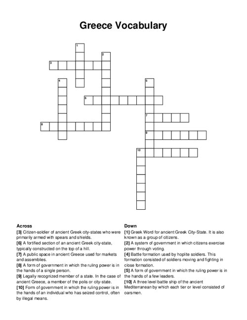 Greece Vocabulary Crossword Puzzle