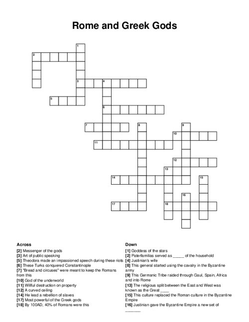 Rome and Greek Gods Crossword Puzzle