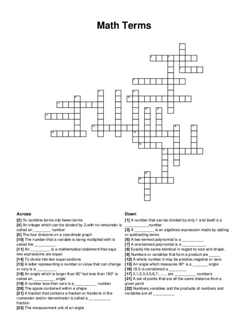 Math Terms Crossword Puzzle