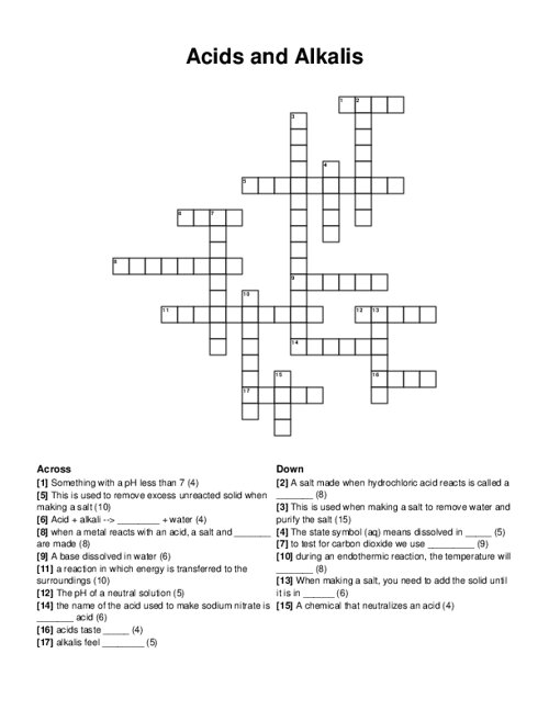 Acids and Alkalis Crossword Puzzle