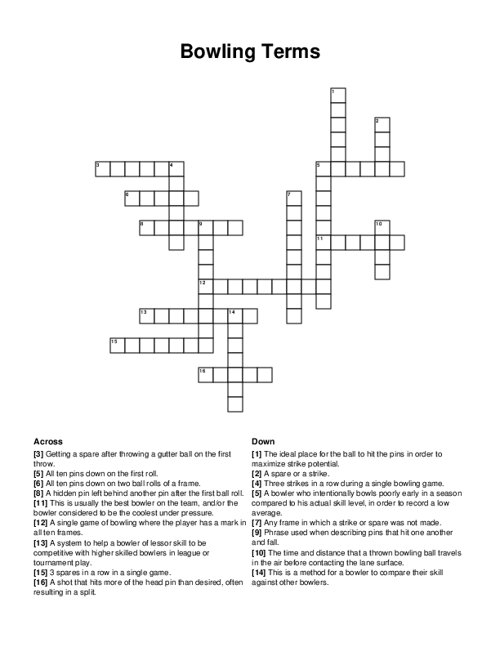 Bowling Terms Crossword Puzzle