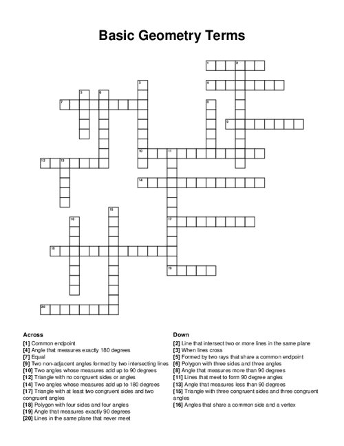 Basic Geometry Terms Crossword Puzzle