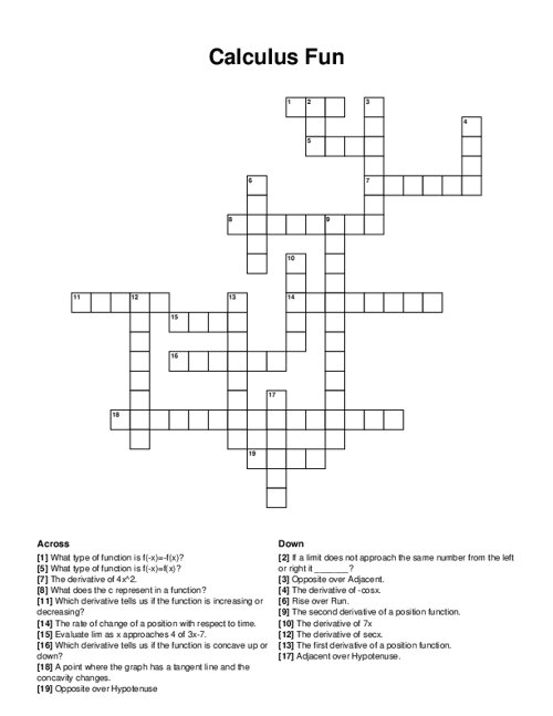 Calculus Fun Crossword Puzzle