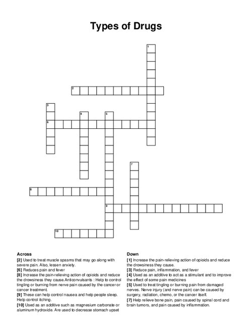 Types of Drugs Crossword Puzzle