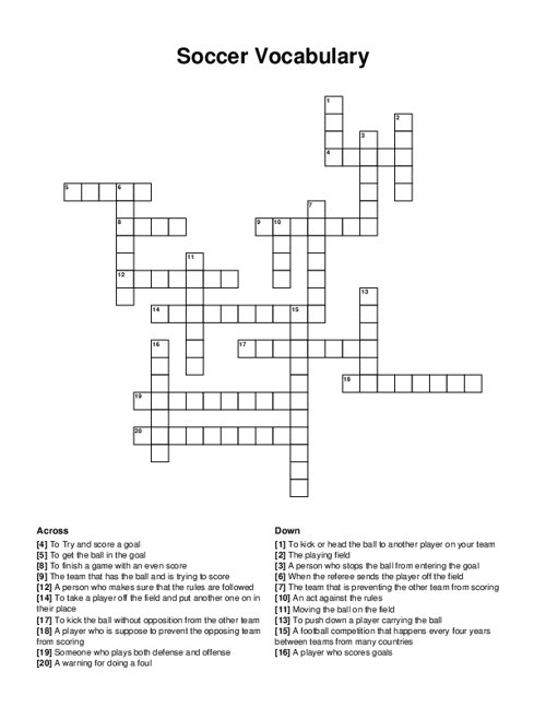 Soccer Vocabulary Crossword Puzzle