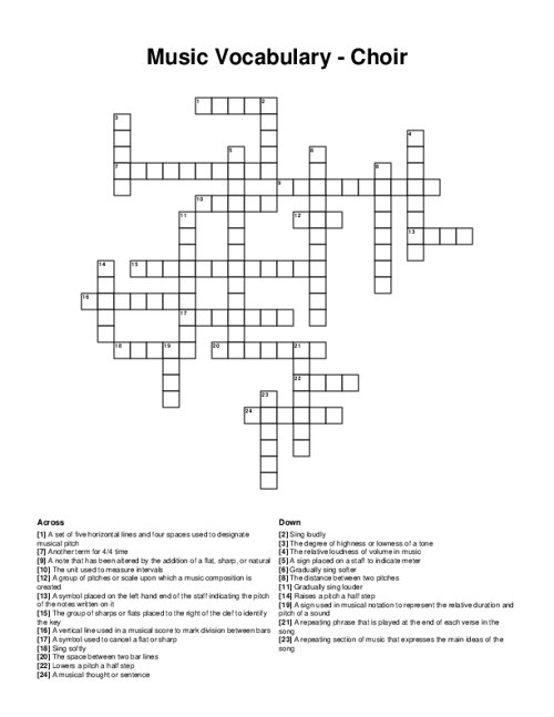 Music Vocabulary Choir Crossword Puzzle