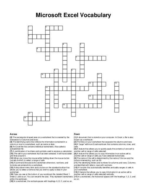 Microsoft Excel Vocabulary Crossword Puzzle