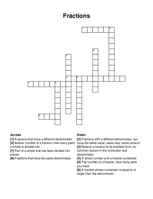 Fractions Crossword Puzzle