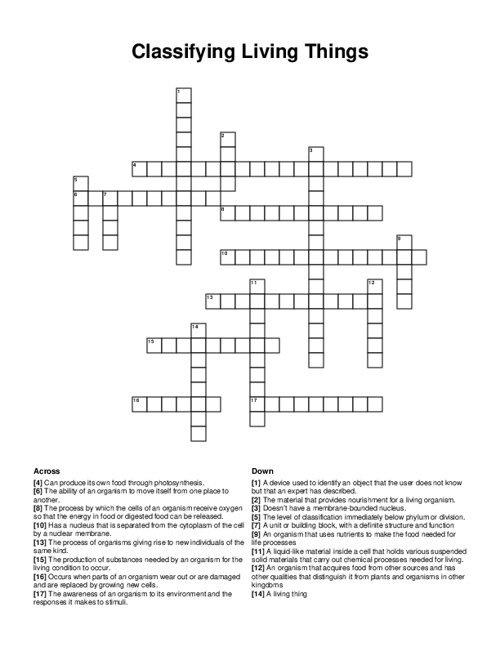 Classifying Living Things Crossword Puzzle