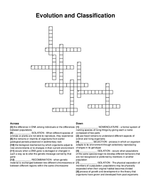 Evolution and Classification Crossword Puzzle