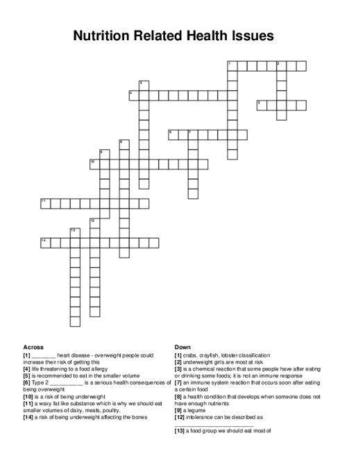 Nutrition Related Health Issues Crossword Puzzle