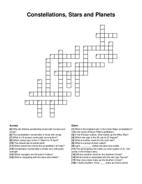 Constellations, Stars and Planets Crossword Puzzle
