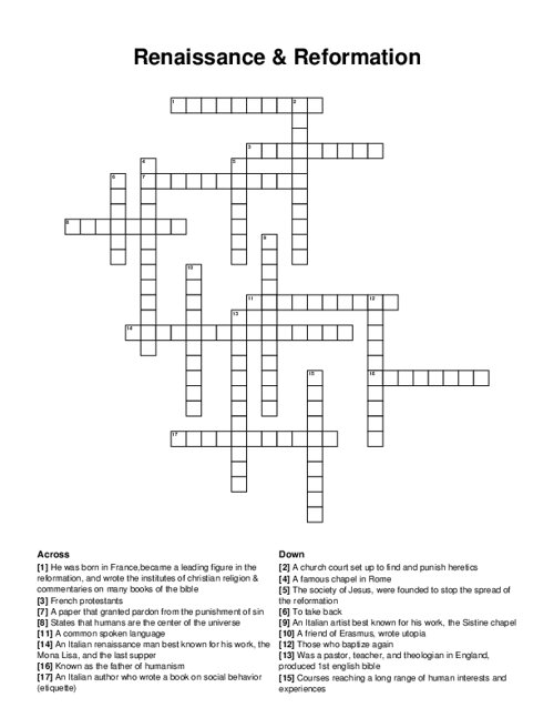 Renaissance Reformation Crossword Puzzle