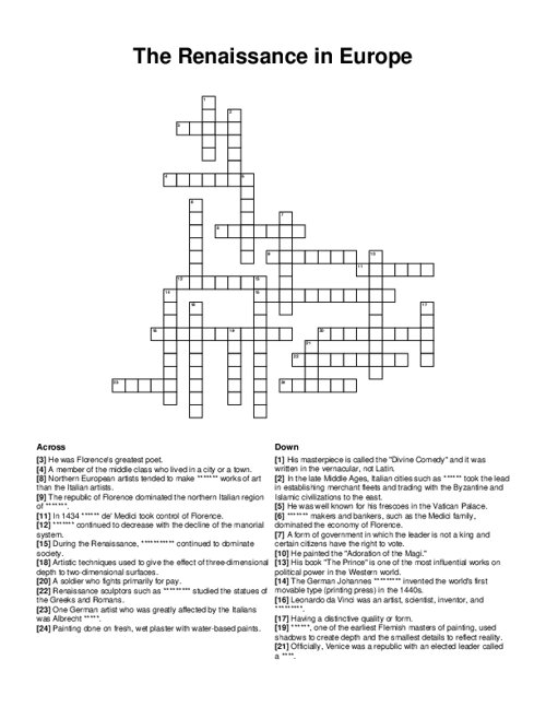 The Renaissance in Europe Crossword Puzzle