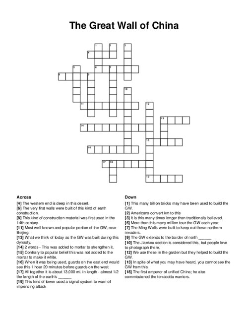 The Great Wall of China Crossword Puzzle