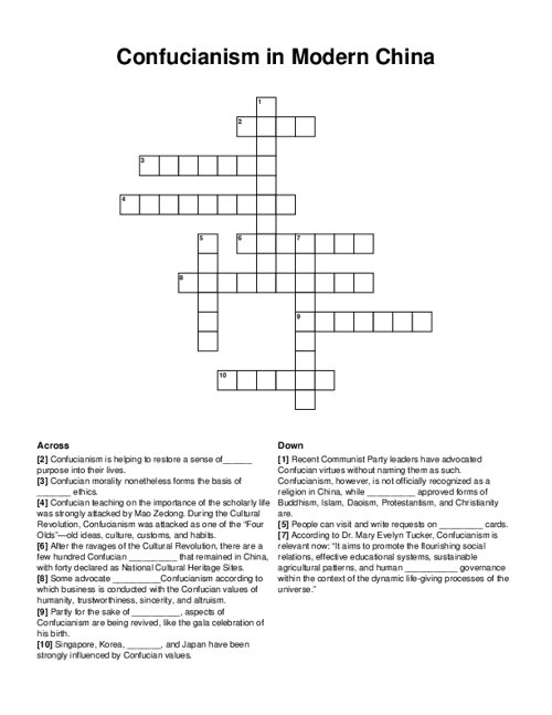 Confucianism in Modern China Crossword Puzzle