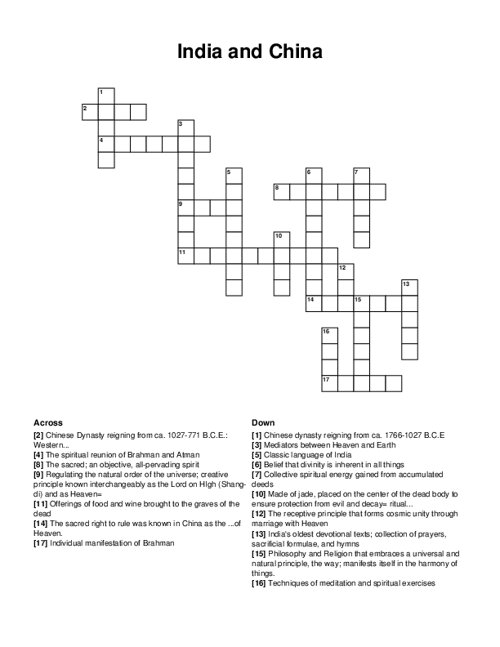 India and China Crossword Puzzle