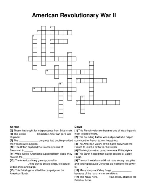 American Revolutionary War II Crossword Puzzle