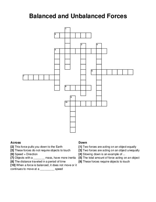 Balanced and Unbalanced Forces Crossword Puzzle