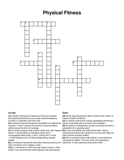 Physical Fitness Crossword Puzzle