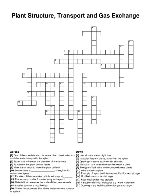 Plant Structure, Transport and Gas Exchange Crossword Puzzle