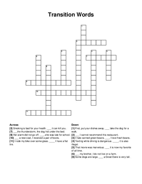 Transition Words Crossword Puzzle