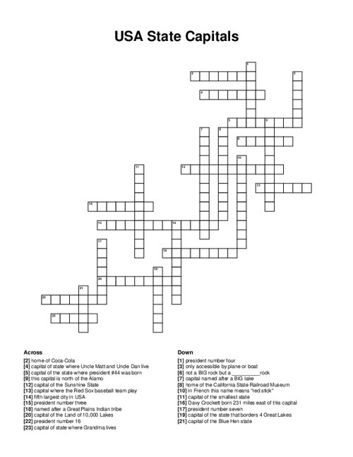 USA State Capitals Crossword Puzzle