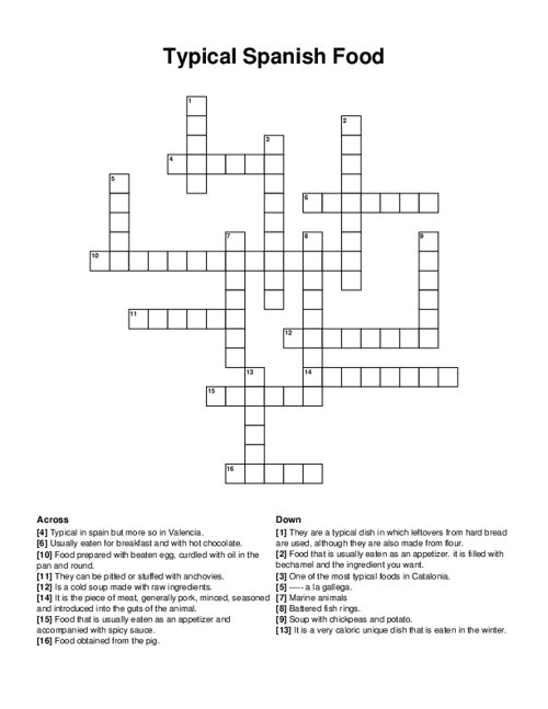 Typical Spanish Food Crossword Puzzle