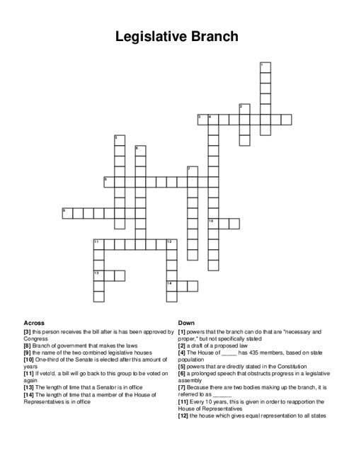 Legislative Branch Crossword Puzzle