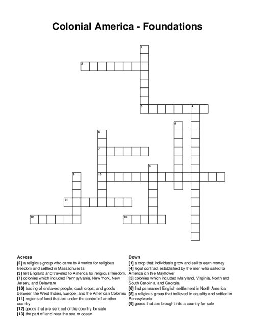 Colonial America - Foundations Crossword Puzzle