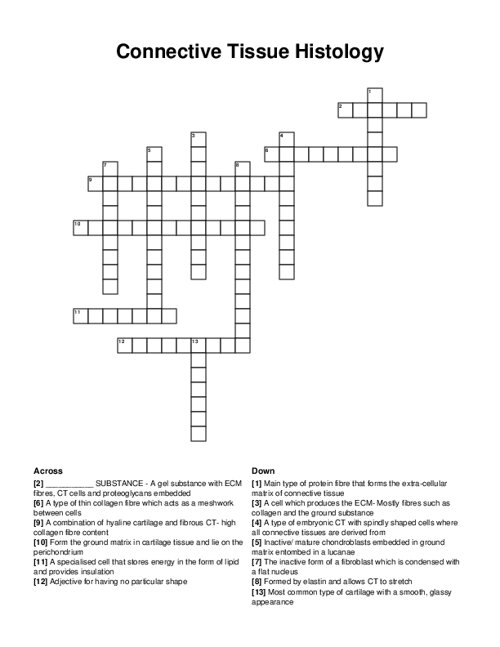 Connective Tissue Histology Crossword Puzzle