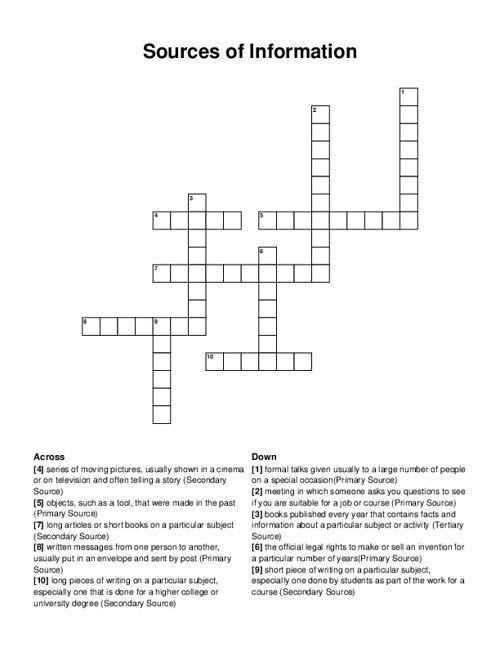 Sources of Information Crossword Puzzle