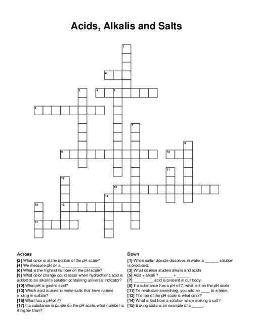 Acids Alkalis and Salts Crossword Puzzle