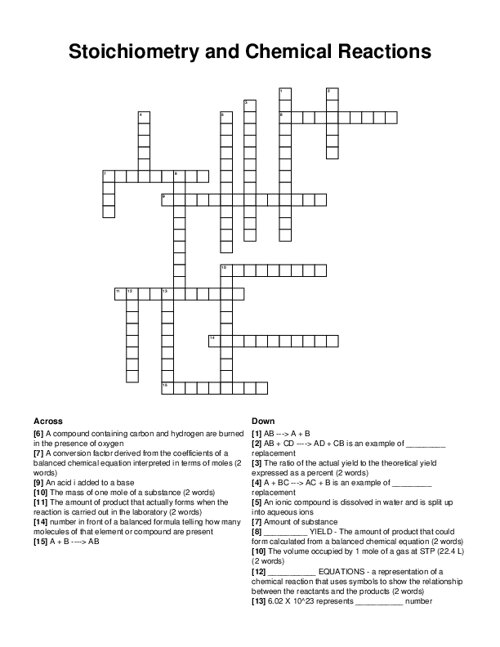 Stoichiometry And Chemical Reactions Crossword
