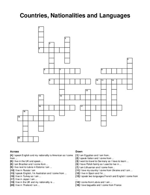 Countries, Nationalities and Languages Crossword Puzzle