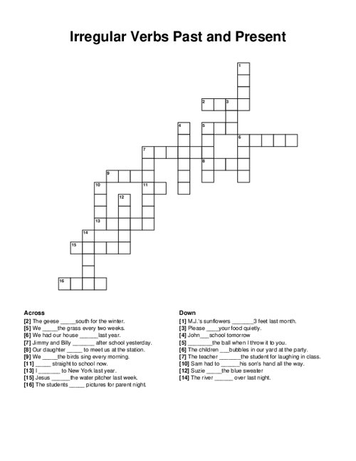 Irregular Verbs Past and Present Crossword Puzzle
