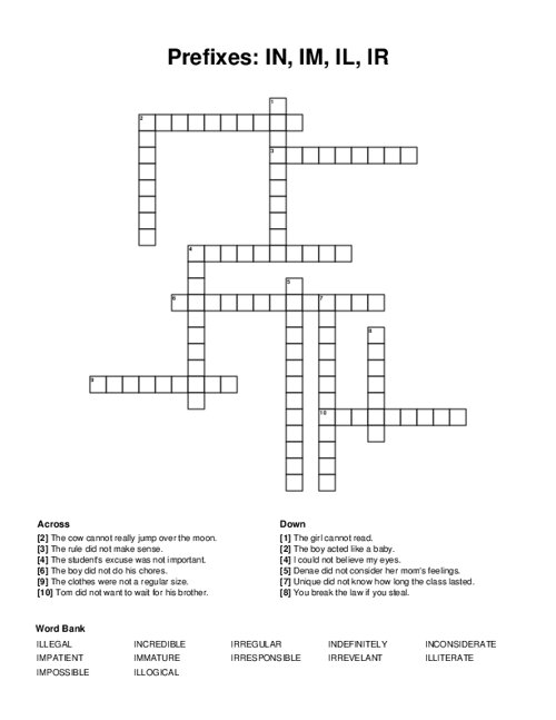 Prefixes: IN, IM, IL, IR Crossword Puzzle