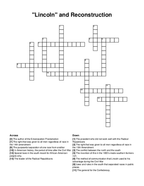 Lincoln and Reconstruction Crossword Puzzle