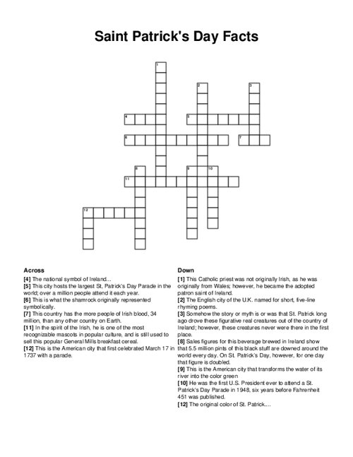 Saint Patricks Day Facts Crossword Puzzle