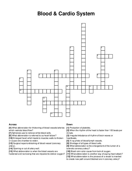Blood & Cardio System Crossword Puzzle