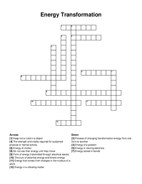 Energy Transformation Crossword Puzzle