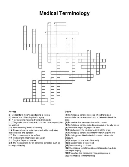 Medical Terminology Crossword Puzzle