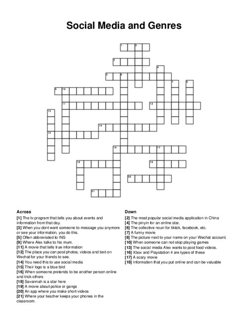 Social Media and Genres Crossword Puzzle
