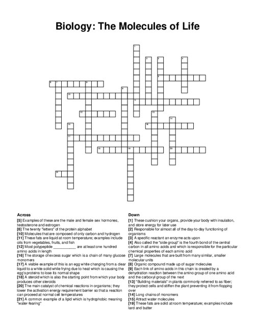 Biology: The Molecules of Life Crossword Puzzle